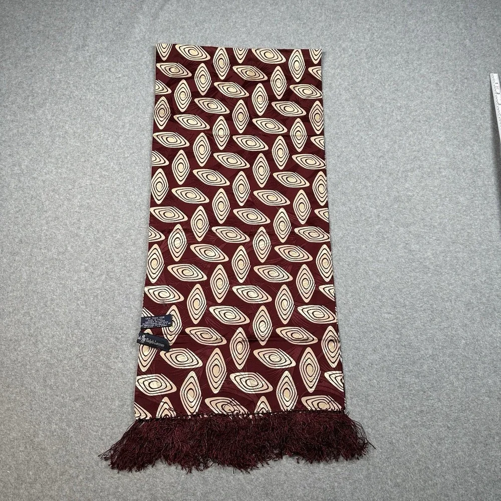 Vintage Polo Ralph Lauren Silk Scarf Italy Burgundy Geometric Fringe